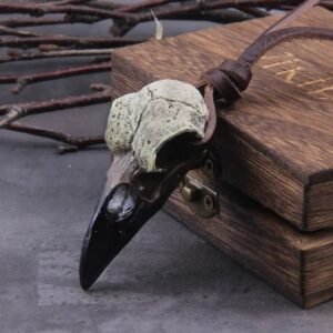 Collier Crâne de Corbeau Résine Cuir — Viking Valhalla