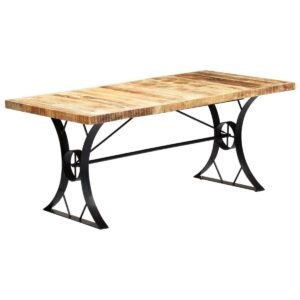 Grande table en bois massif 180 cm – Manguier, piètement roue en acier