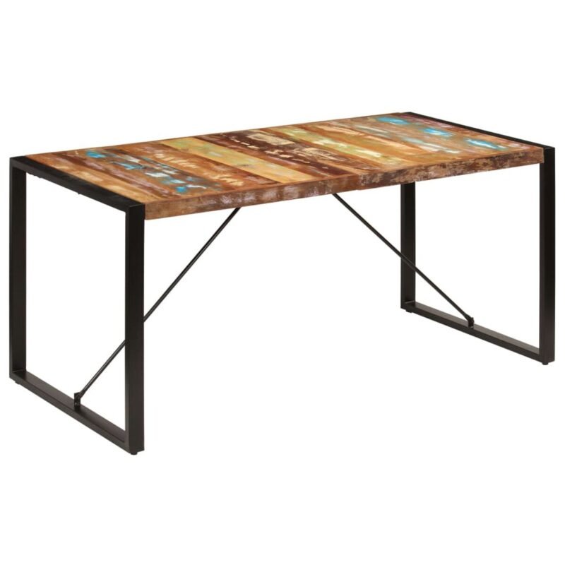 Table à manger 160 cm – Bois de récupération multicolore, pieds acier